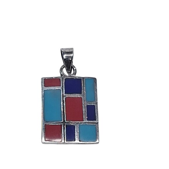 Unbranded Jewelry - Vintage Sterling Silver Turquoise Coral Lapis Inlaid Rectangle Pendant 7.5g